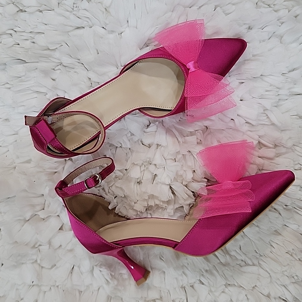 Liuruijia hot pink shaped heel pointed toe pumps mesh bows ankle strap sz 8 NEW…